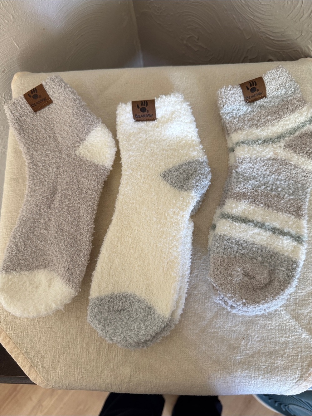 BearPaw Plush Crew Socks Trio - Cream, Gray & Tan Accents